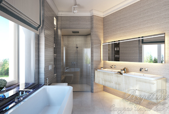 Дизайн ванной комнаты в загородном доме с ванной и душевой